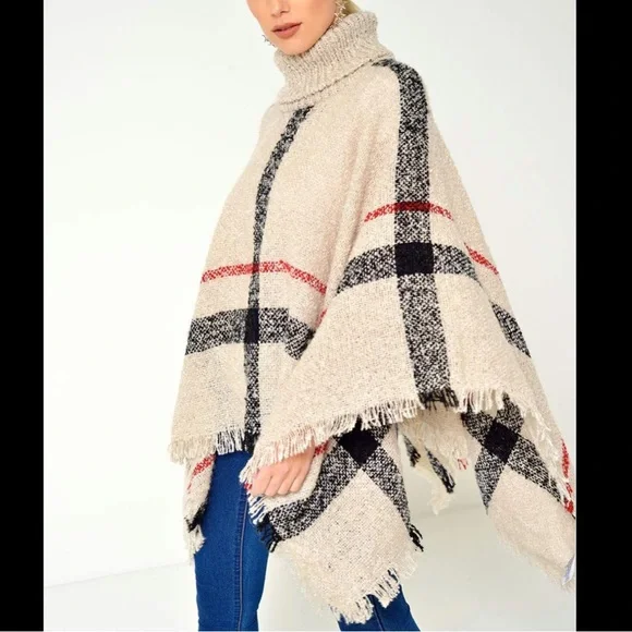 Plaid Turtleneck Knitted Poncho - Picture 2 of 3